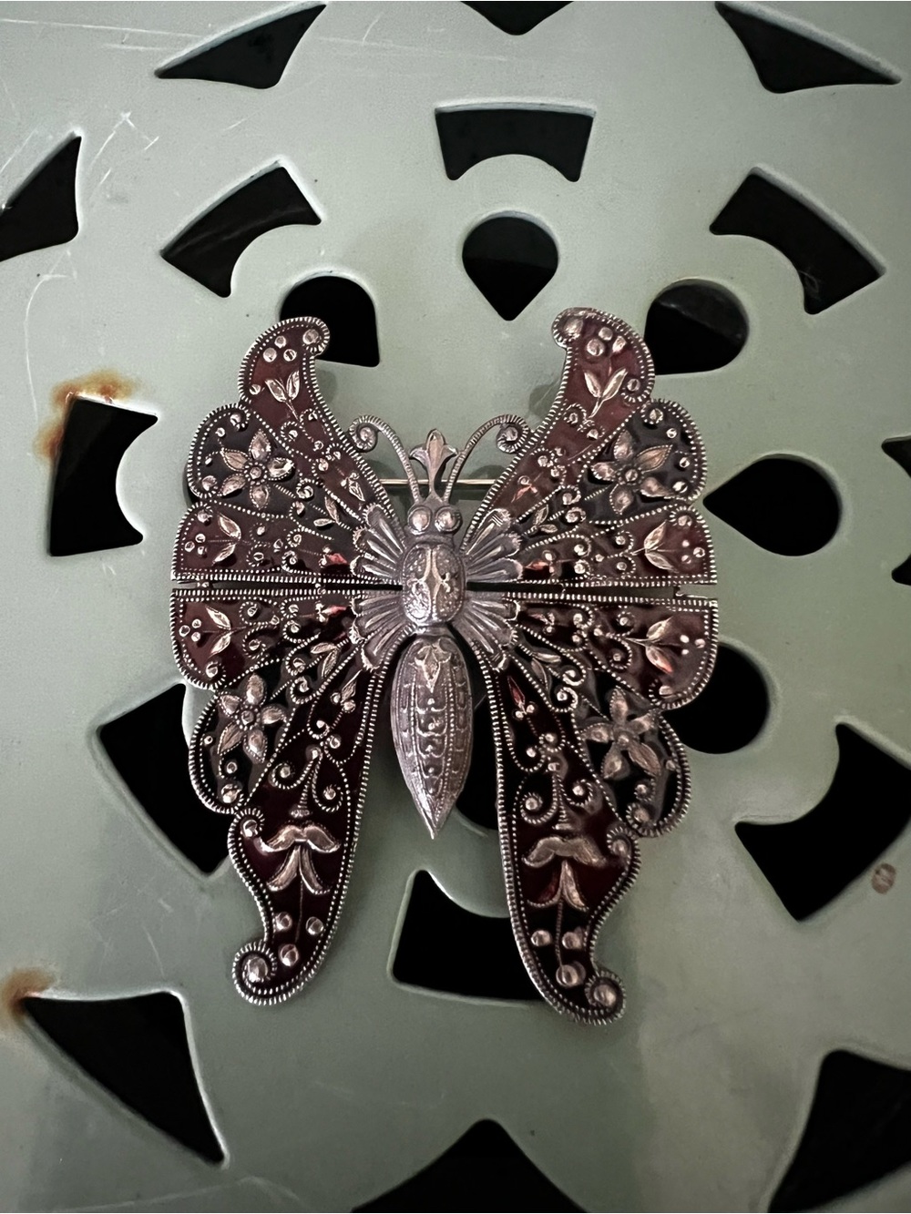 Art Deco Plique-a-Jour Black & Red Enamel Butterfly Silver Pin